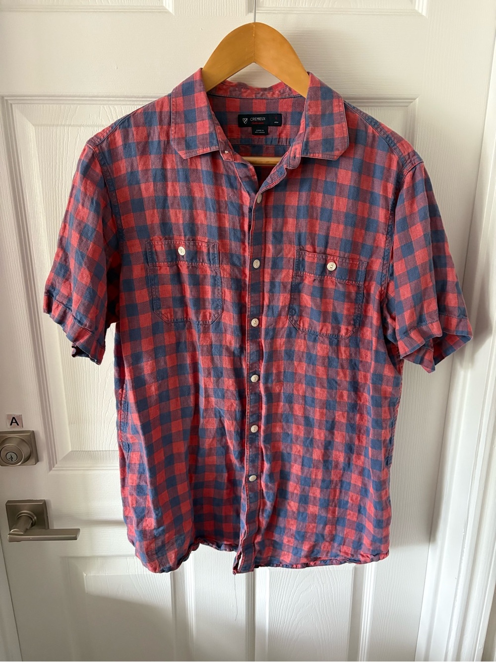 Cremieux Men's Short Sleeve Plaid Linen Button Down Shirt Red Blue Check Size L